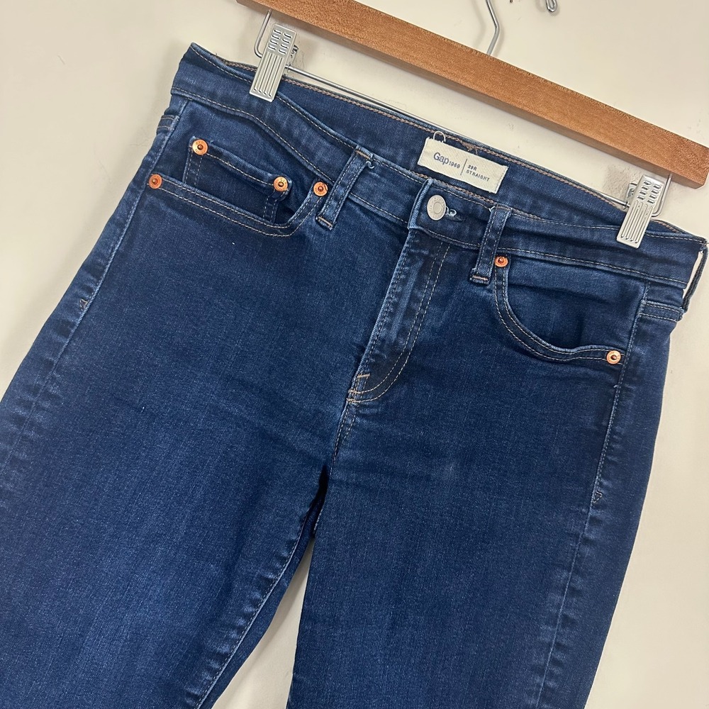 Gap Straight Jeans Blue Denim Cotton Blend Stretch Dark Wash Mid Rise Womens 29R
